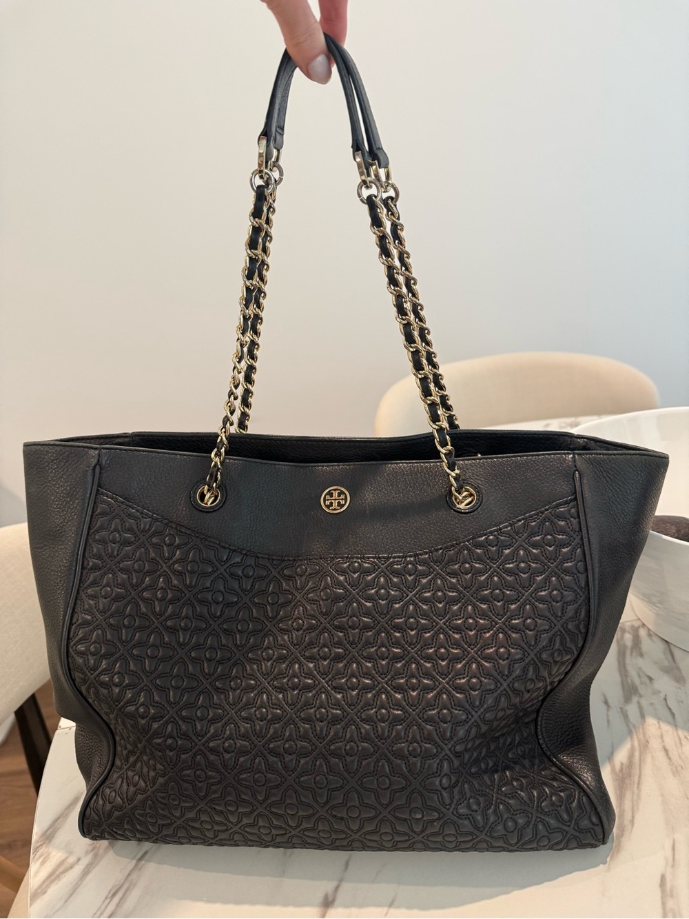 Tory Burch Black Quilted-Pattern Leather Tote with Gold Chain Straps